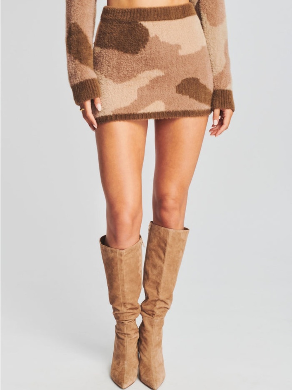 SER.O.YA Beige and Brown Camouflage Knit Mini Skirt